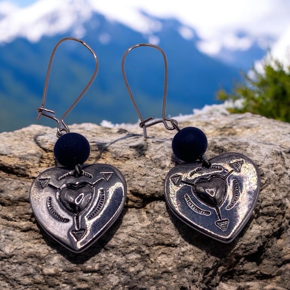 Vintage Silver Heart Earrings with Blue Accents and Southwestern Style